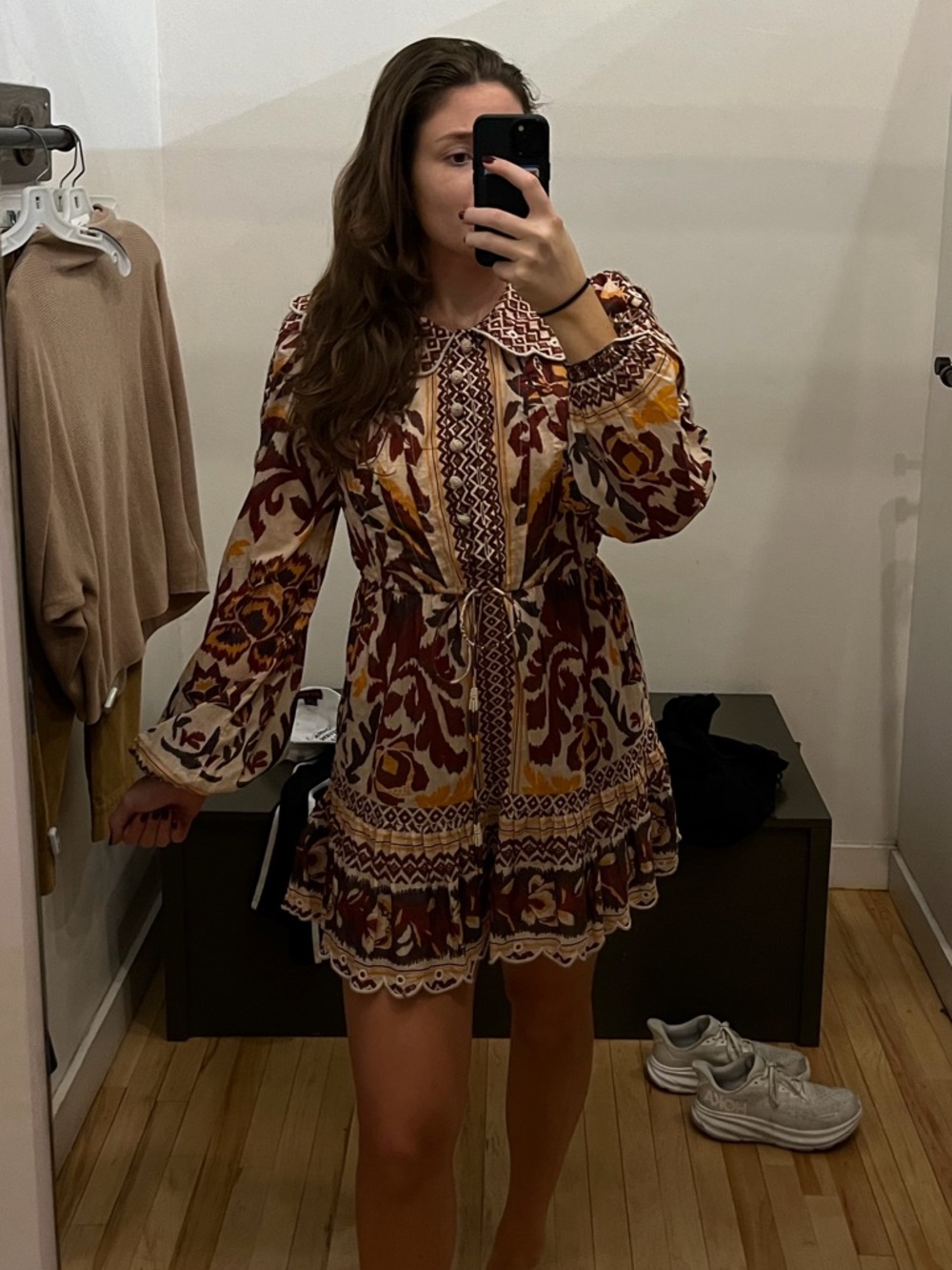 Farm Rio Boho Printed Long-Sleeve Mini Dress in Burgundy and Mustard - Picture 2 of 6